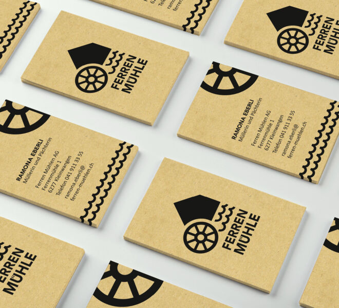 Die Visitenkarten von der Ferren Mühle wurden auf Kraftpapier gedruckt.