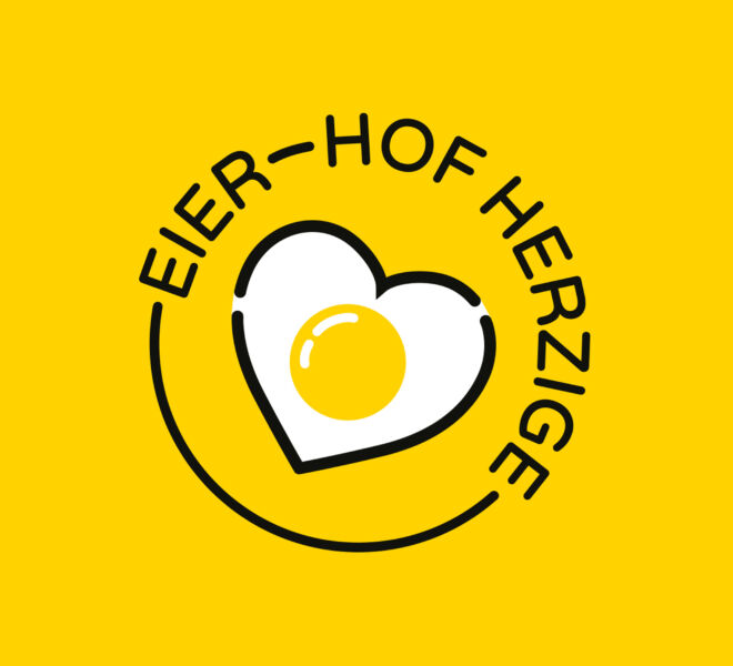 Das Logo Hof Herzige Eier wurde im flat design erstellt.