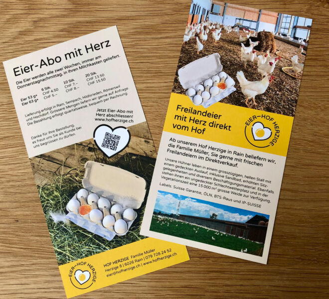 Moderner Angebotsflyer für Eier-Abo vom Hof Herzige in Rain.